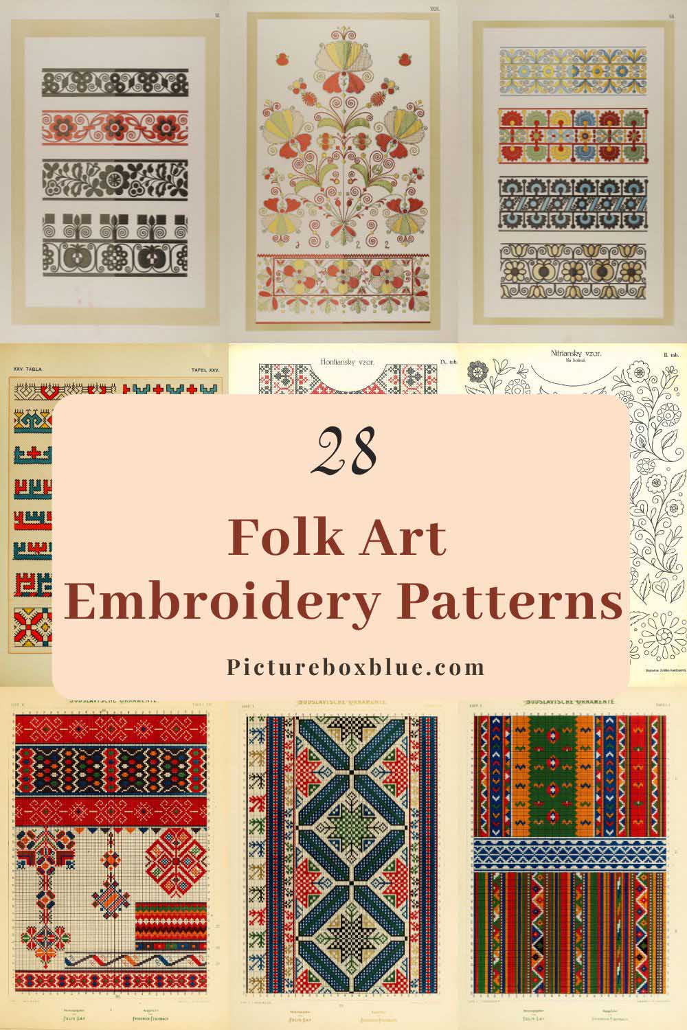 a collage of nine colourful vintage folk embroidery patterns with text overlay