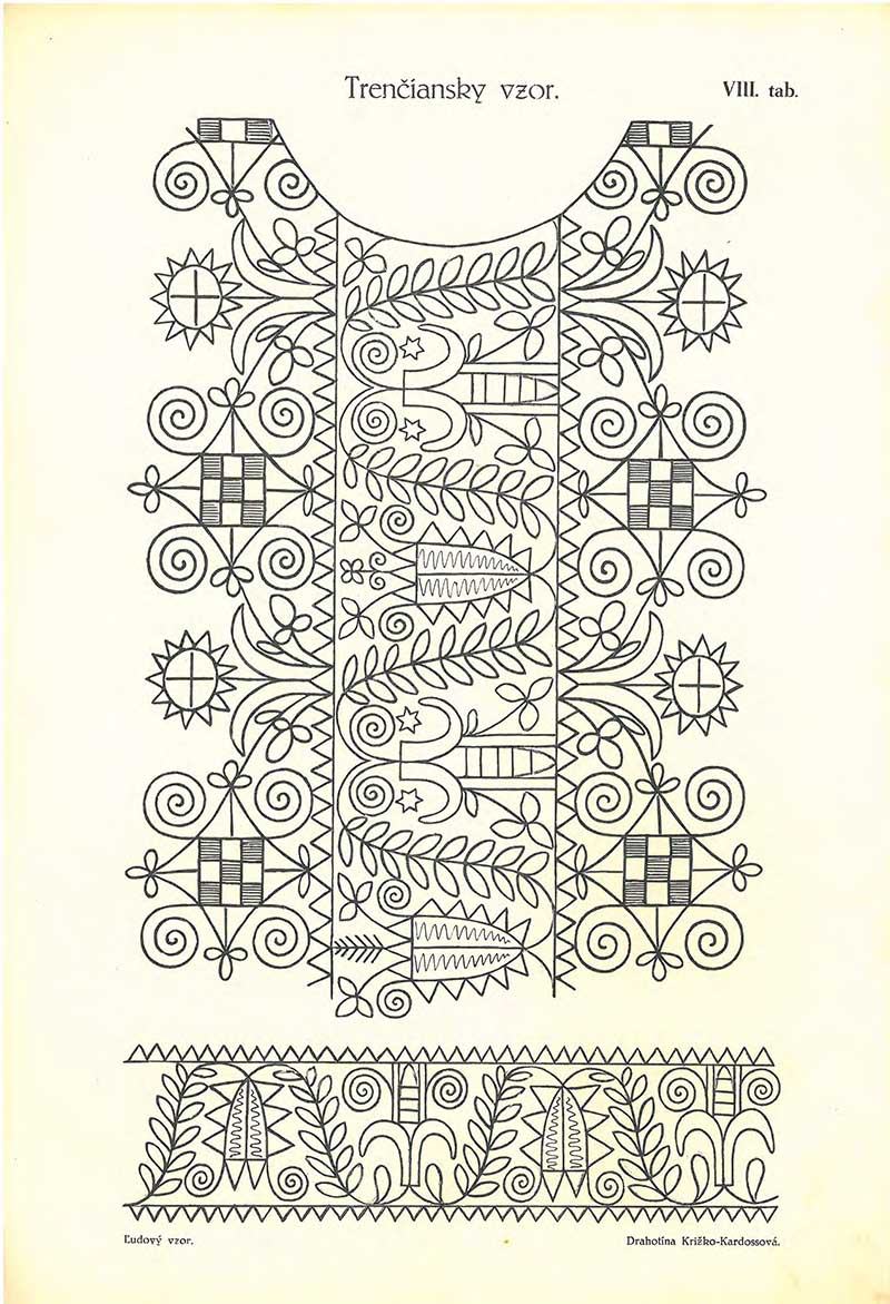 Slovak Shirt pattern of folk embroidery in black and white with leaves and checkerboards