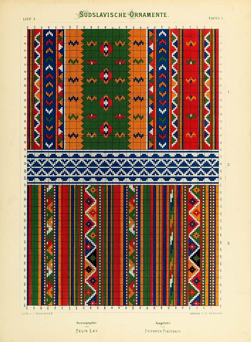 South Slavic embroidery patterns in bold coloured stripes of oranges greens and blues