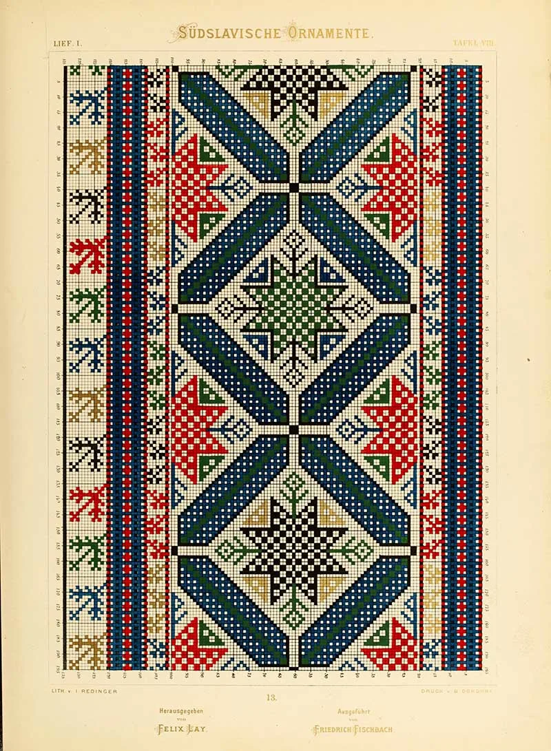 South slavic geometric embroidery pattern blue cross black star