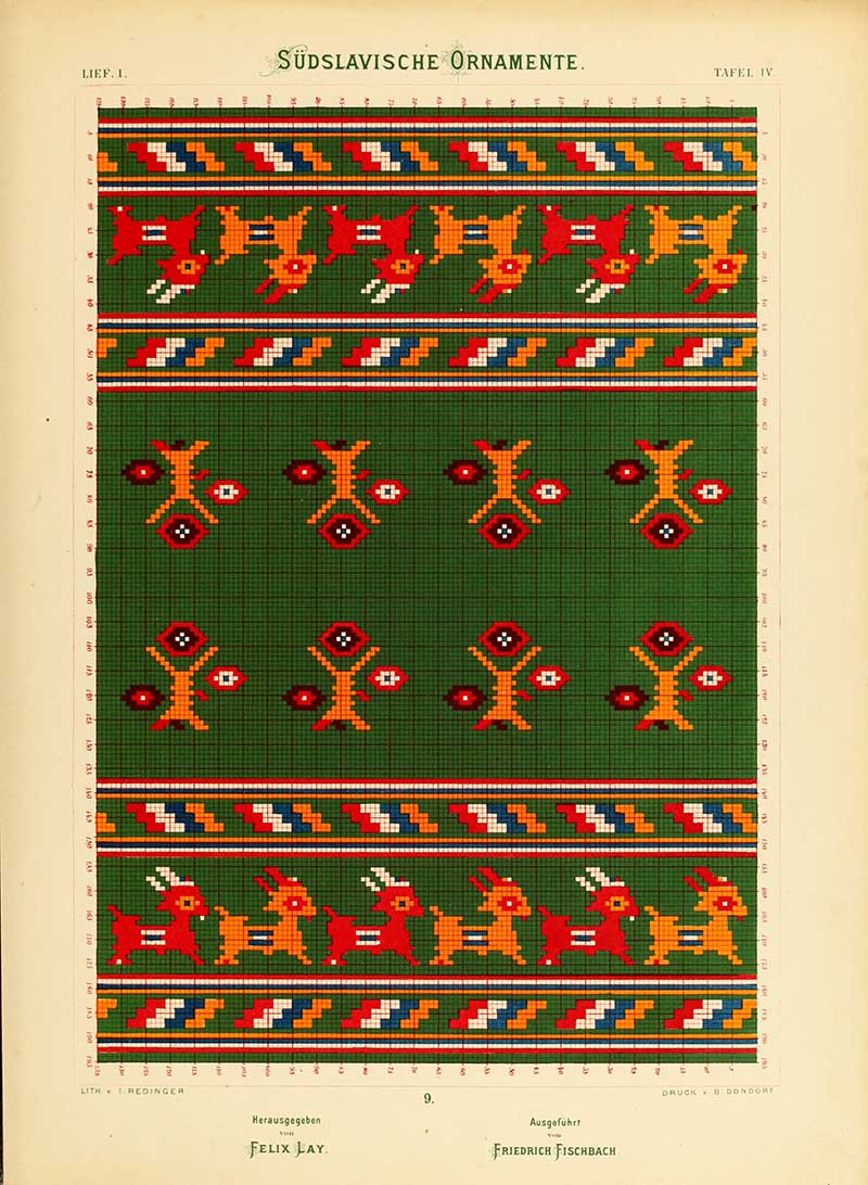 Slovak folk embroidery pattern of reindeer motif on green