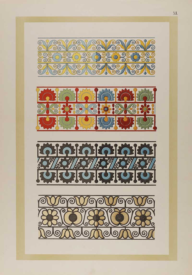 four different flora embroidery borders showing pattern design and stitches