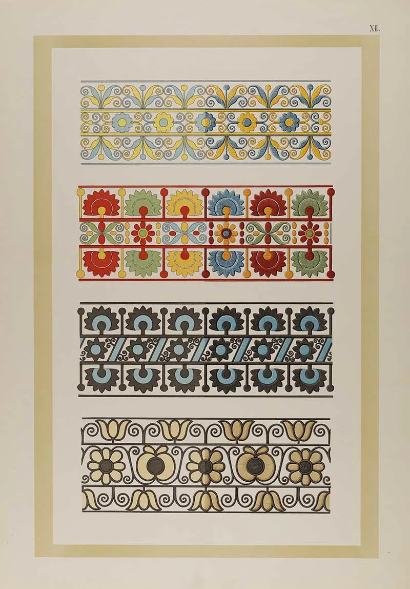 four different flora embroidery borders showing pattern design and stitches