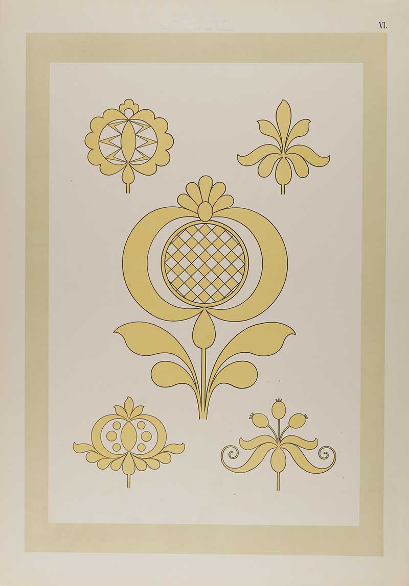 folk embroidery motif of thistle like flowers in yellow