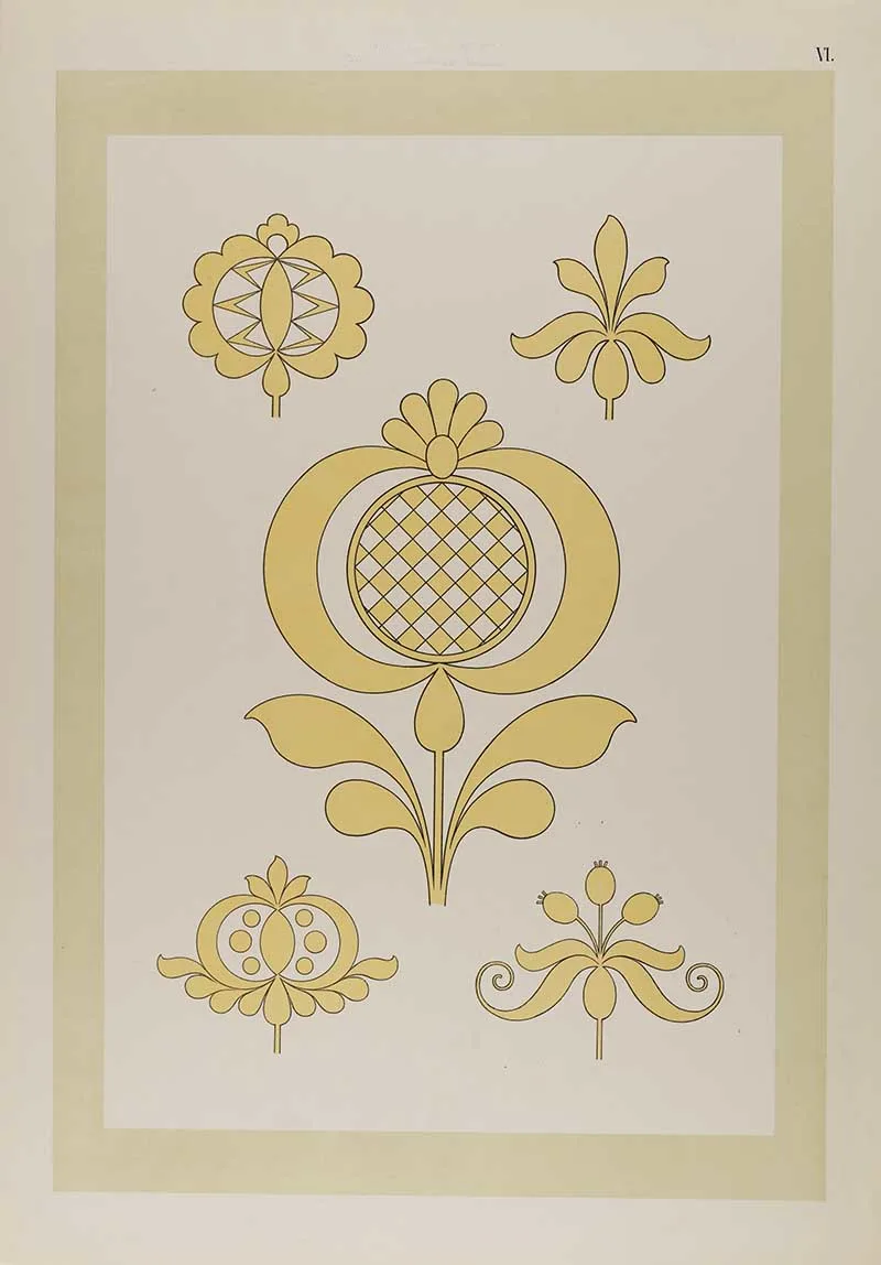 folk embroidery motif of thistle like flowers in yellow