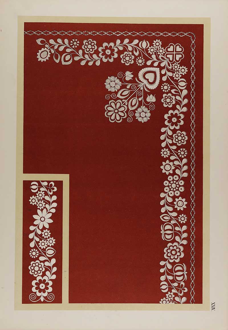 folk corner border embroidery pattern flowers and hearts white stiches on red