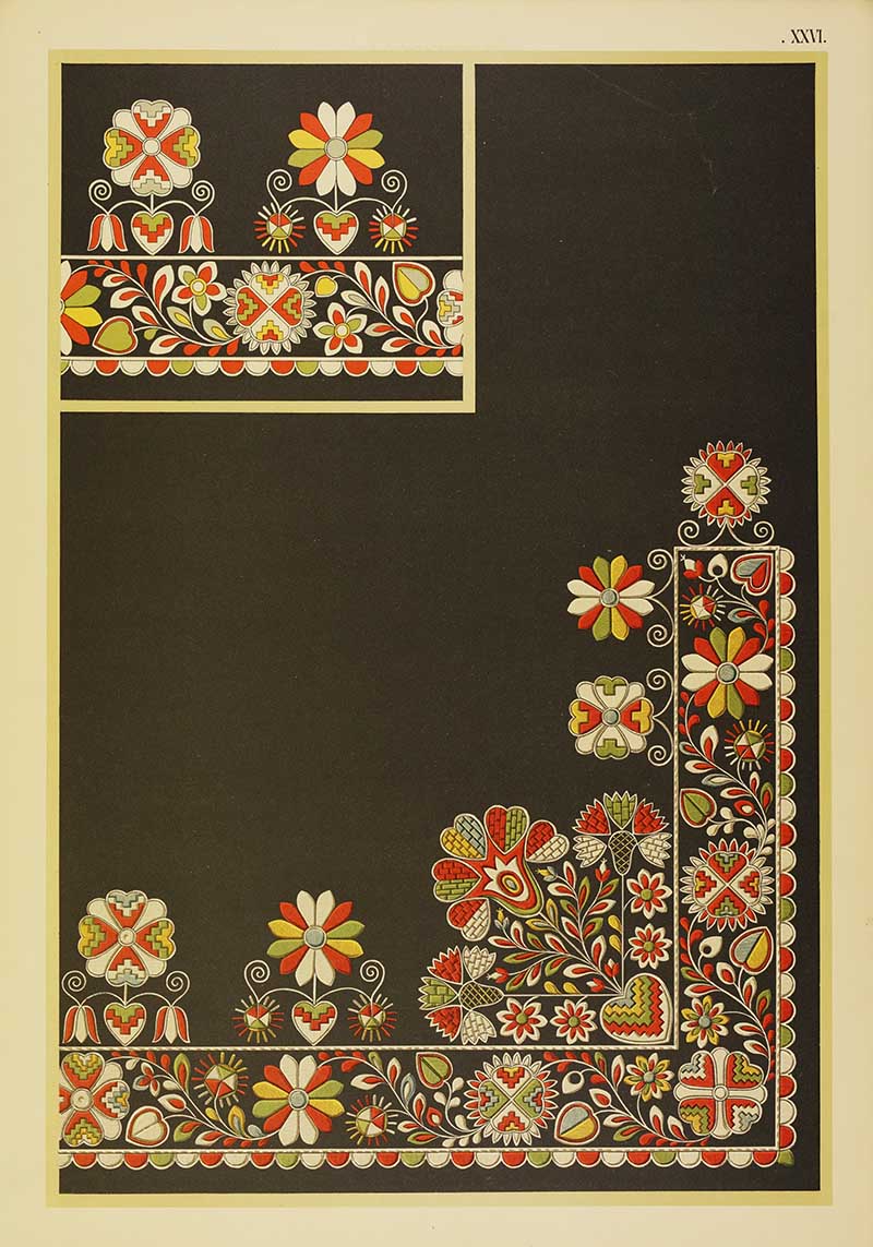 multicoloured Czech embroidery floral border pattern on black