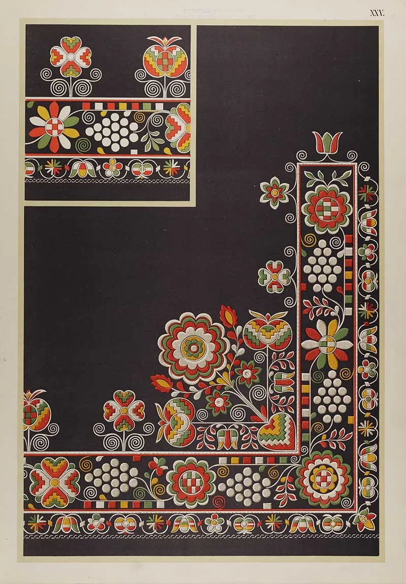 multicoloured Czech embroidery floral border pattern on black