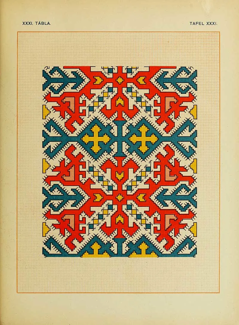 East European folk embroidery pattern geometric in red and blue