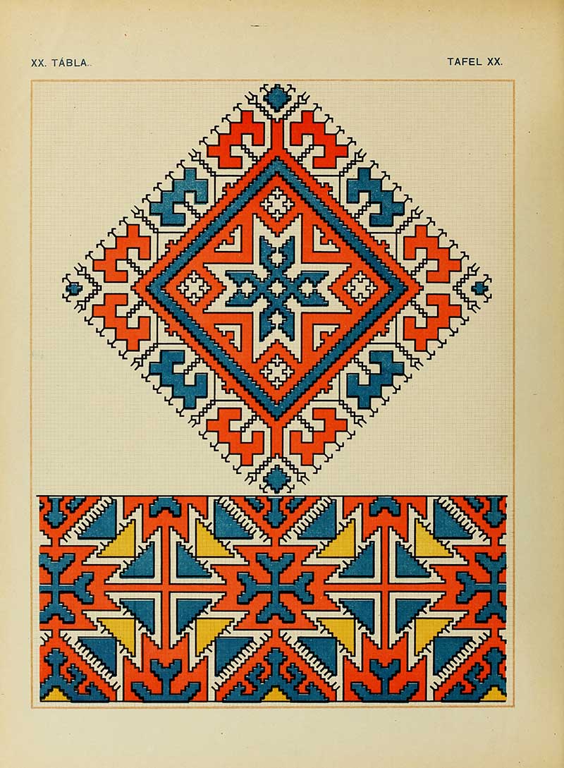 East European folk embroidery pattern geometric in red and blue diamond with border