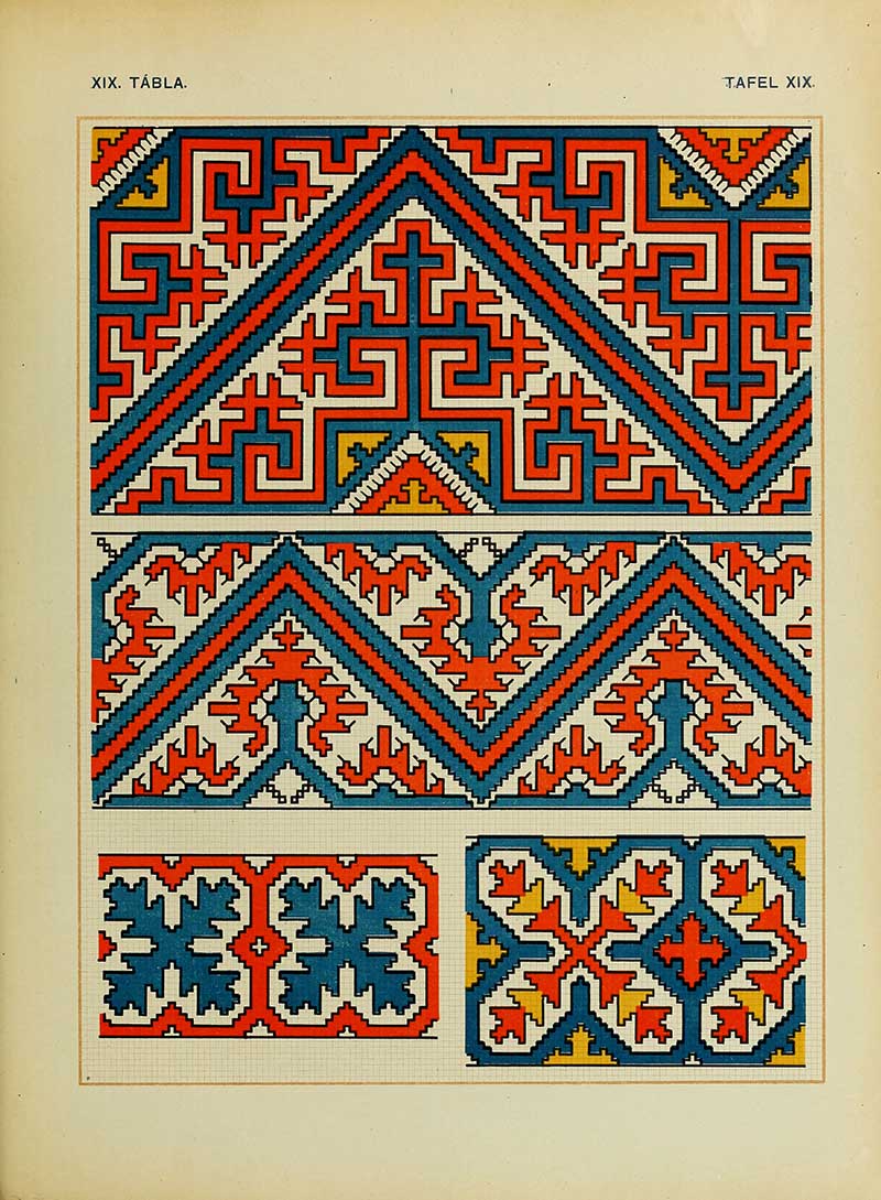 East European folk embroidery pattern geometric in red and blue four borders