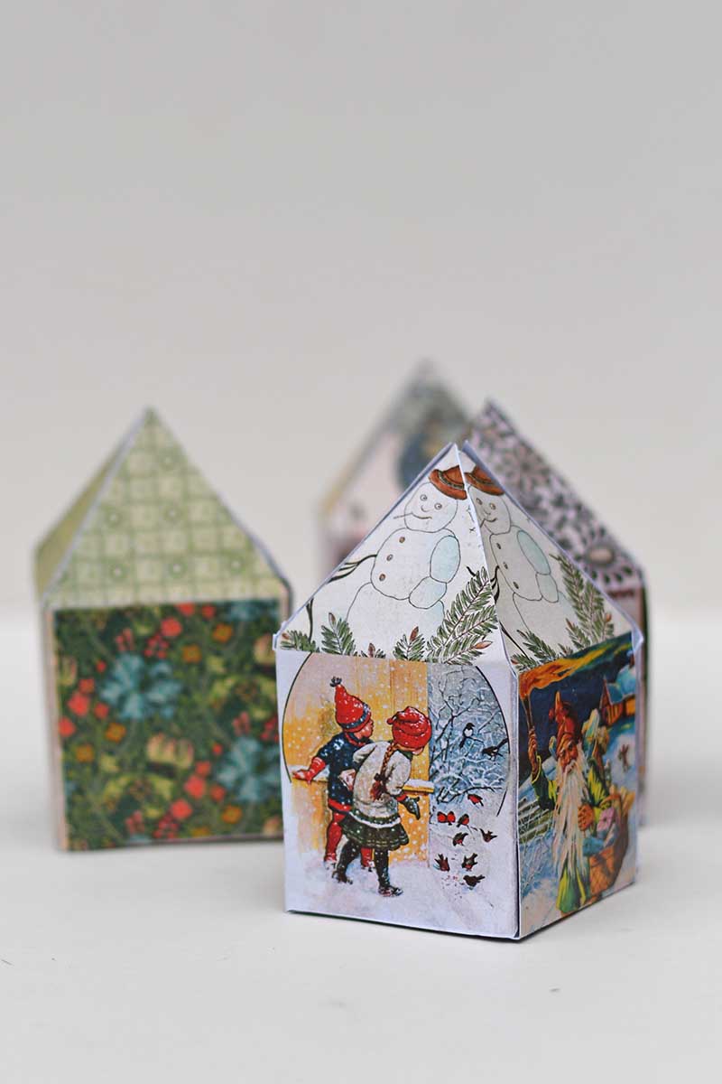 five paper house printable vintage Christmas ornaments