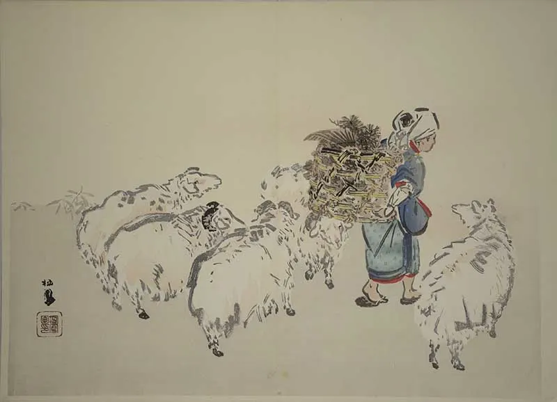 herd of goats with farmer Japanese zodiac sign painting