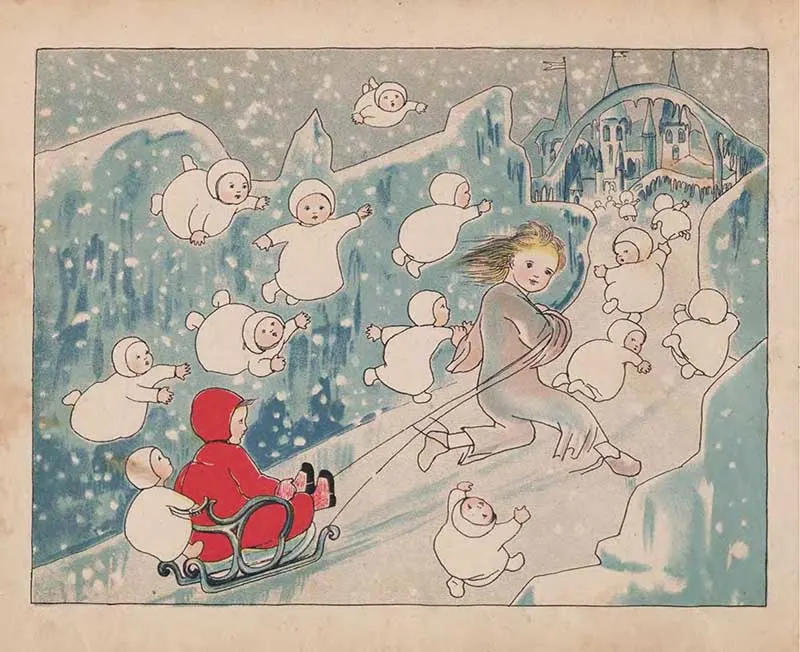 red coat girl on sledge castle snow Vintage Children's Christmas illustration