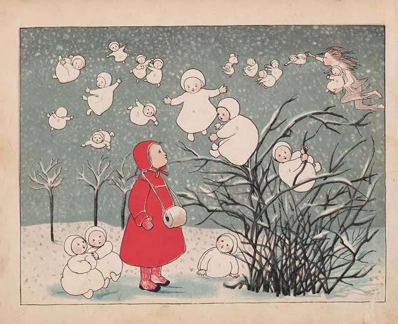 Girl in red coat with dancing snowballs vintage picture book illustration.