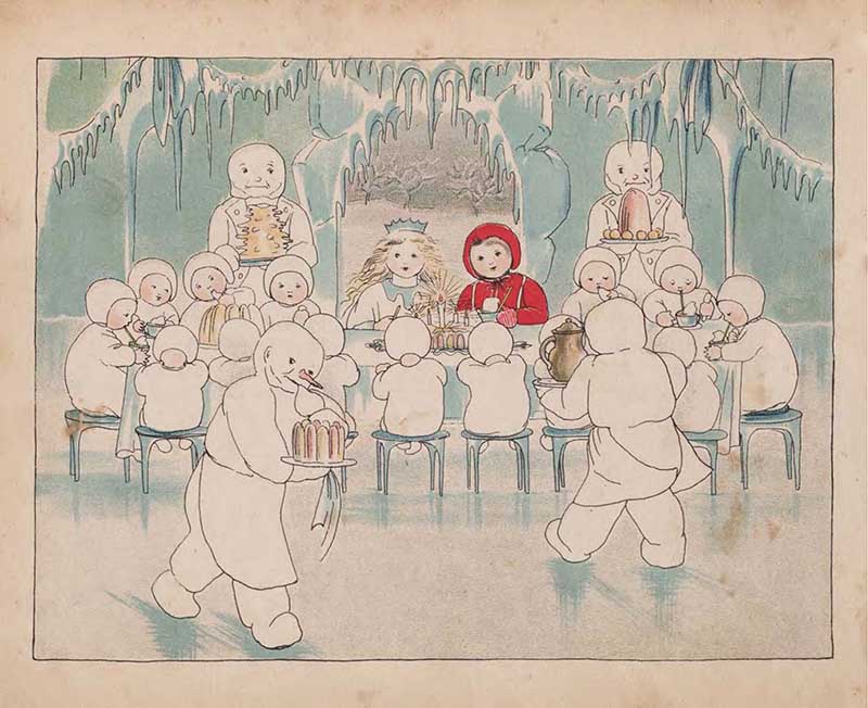 The ice cream feast, Zachna, Queen and snow children sat around the table feasting