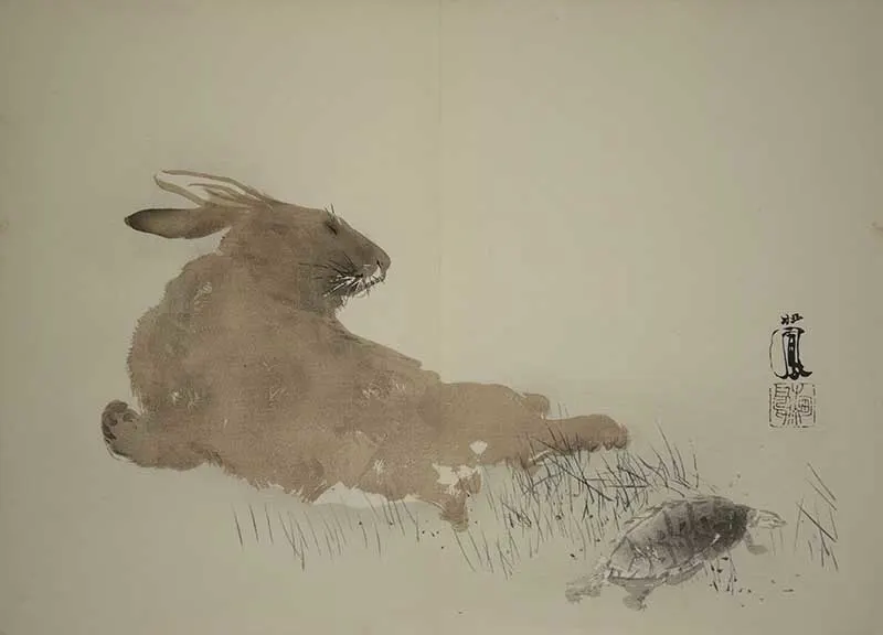 Japanese painting of Zodiac rabbit with tortoise