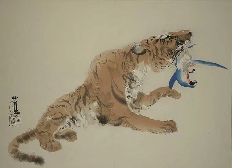 Japanese watercolour painting of zodiac tiger sign with bird in mouth. by Takeuchi Seihō