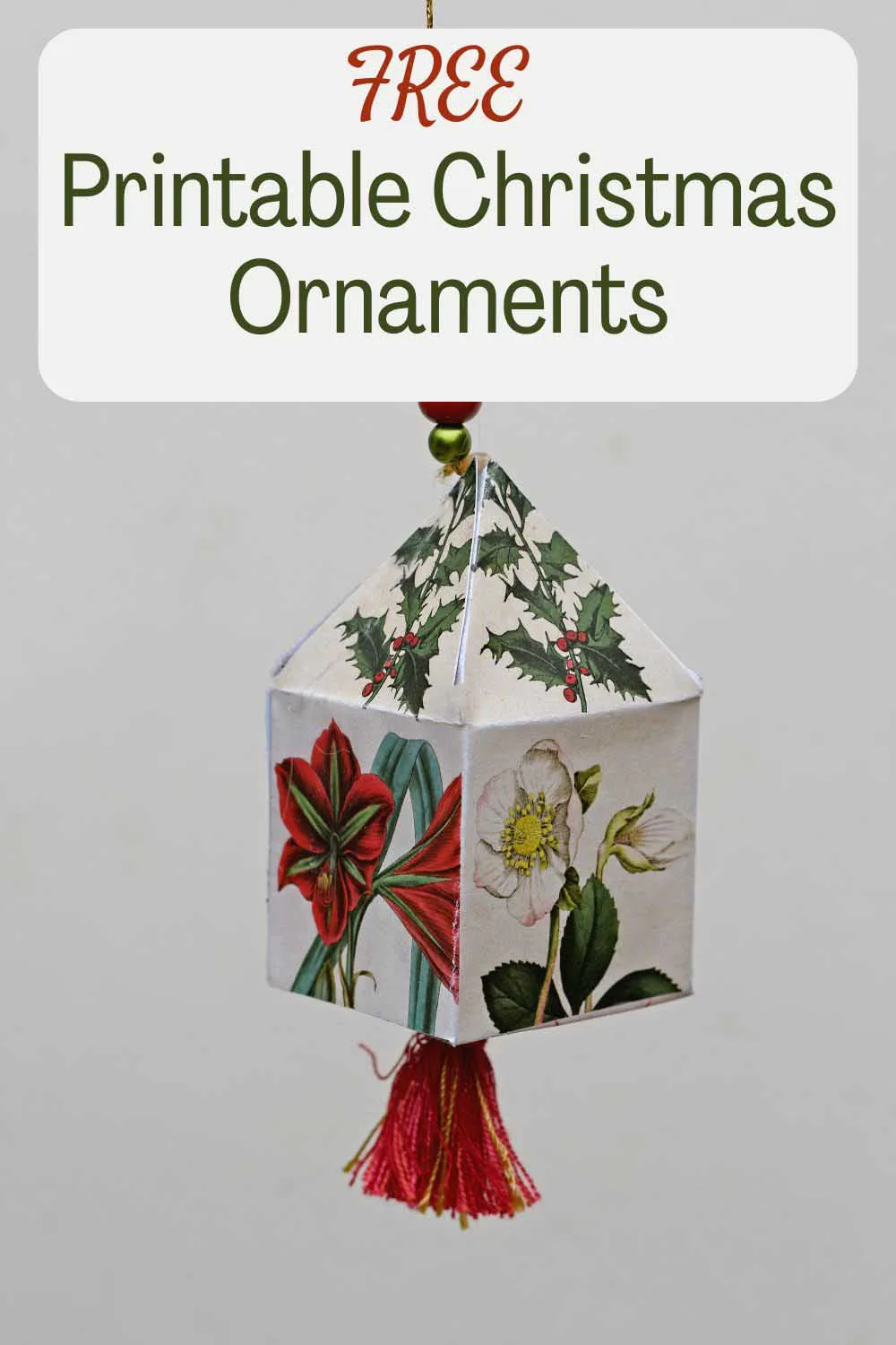 free printable Christmas paper ornament house Christmas botanicals with text overlay.